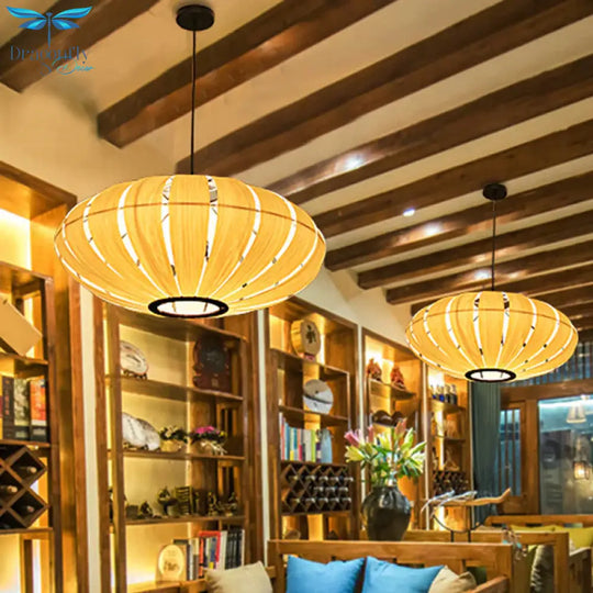 Wood Strap Lantern Pendant Lighting South East Asia 3 - Bulb Beige Hanging Ceiling Light For Bistro