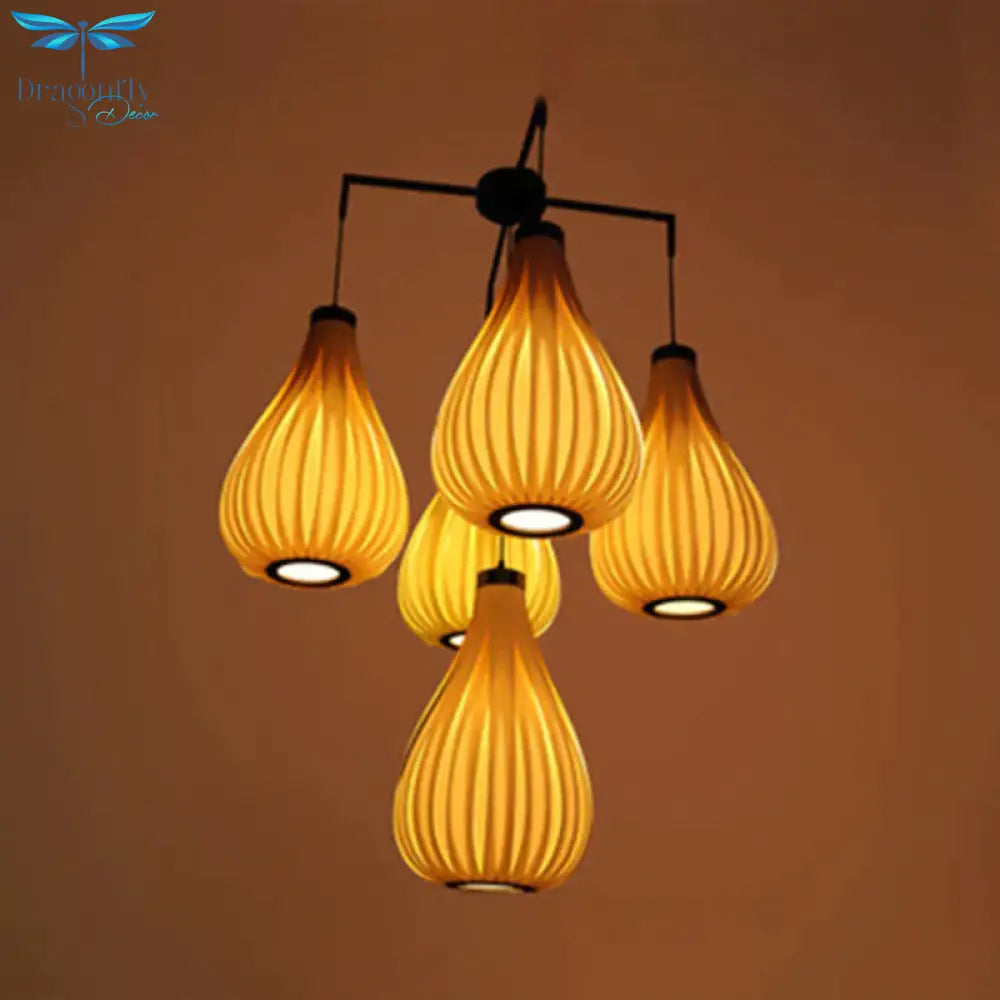Wood Veneer Teardrop Pendant Light Asian Style 5 - Light Brown/Dark Brown Hanging Fixture For