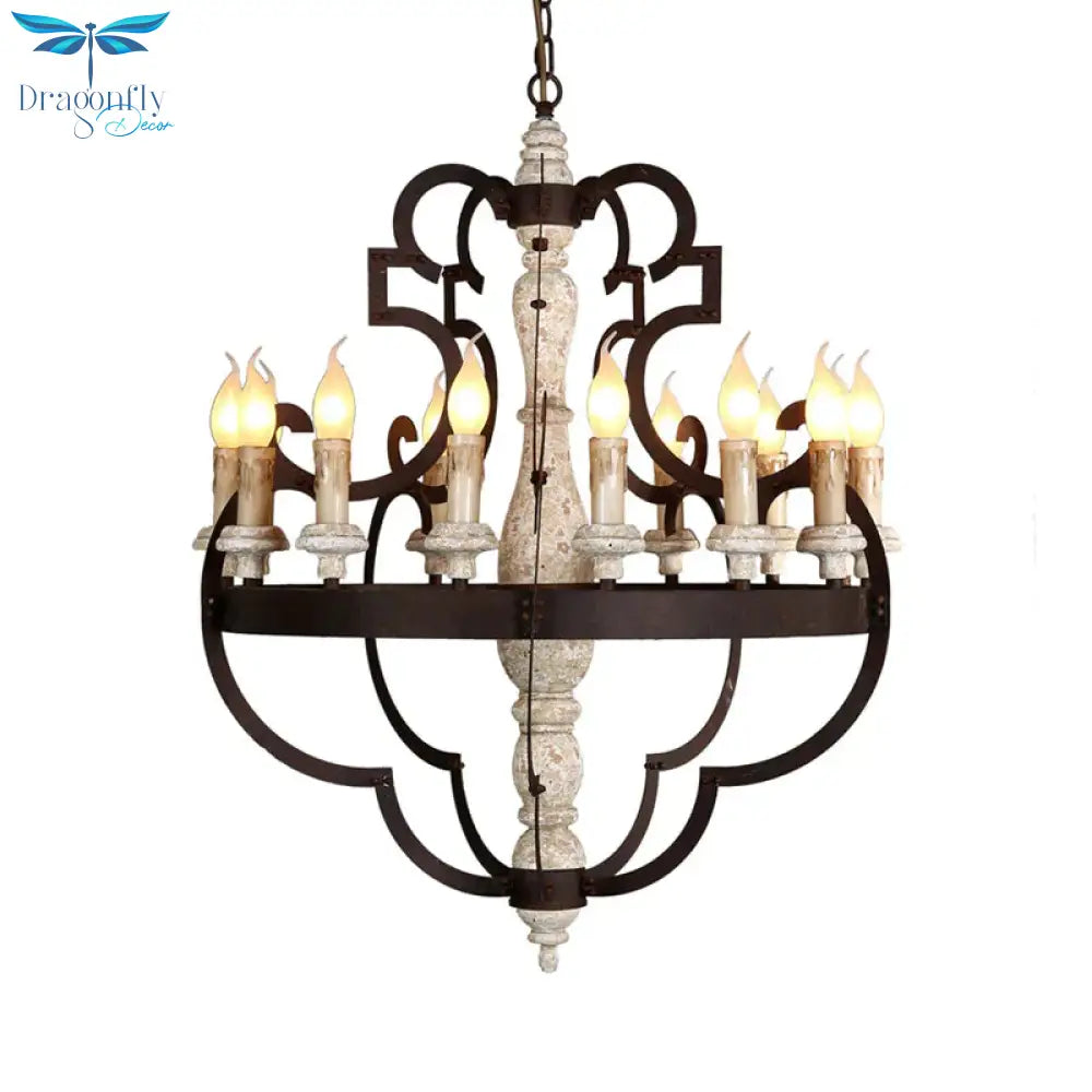 Wooden Brown Hanging Chandelier Candle 15 Bulbs Traditional Pendant Light Fixture For Dining Room