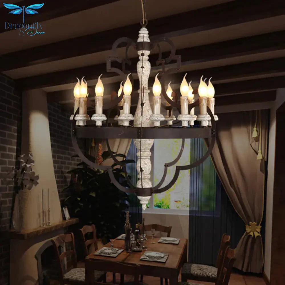 Wooden Brown Hanging Chandelier Candle 15 Bulbs Traditional Pendant Light Fixture For Dining Room
