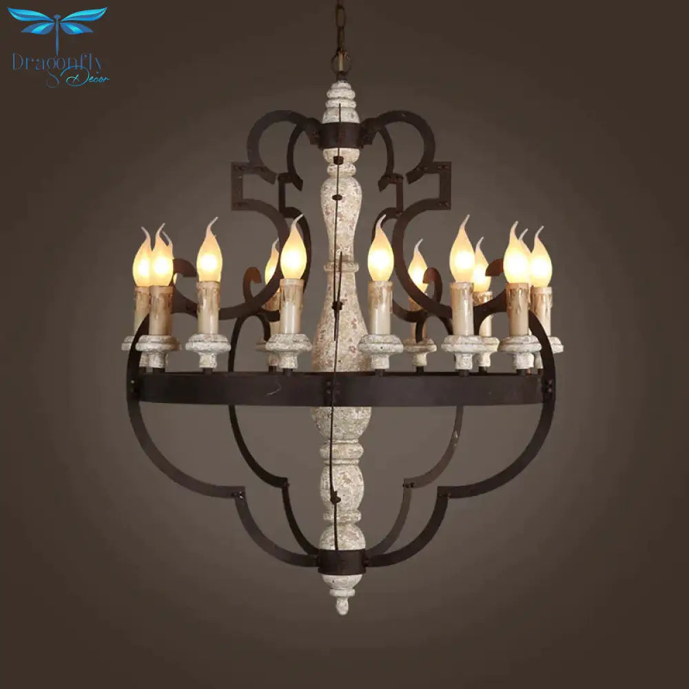 Wooden Brown Hanging Chandelier Candle 15 Bulbs Traditional Pendant Light Fixture For Dining Room