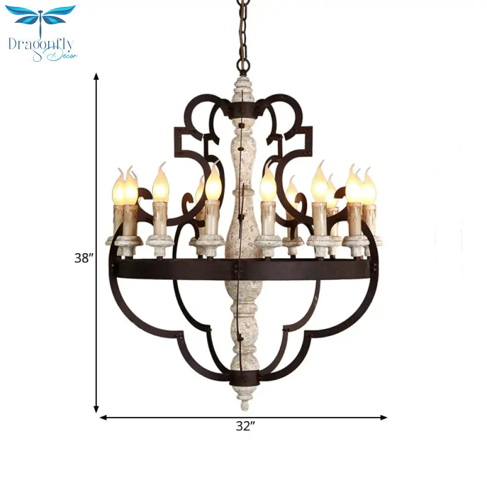 Wooden Brown Hanging Chandelier Candle 15 Bulbs Traditional Pendant Light Fixture For Dining Room