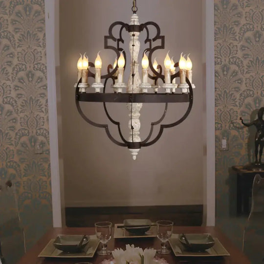 Wooden Brown Hanging Chandelier Candle 15 Bulbs Traditional Pendant Light Fixture For Dining Room