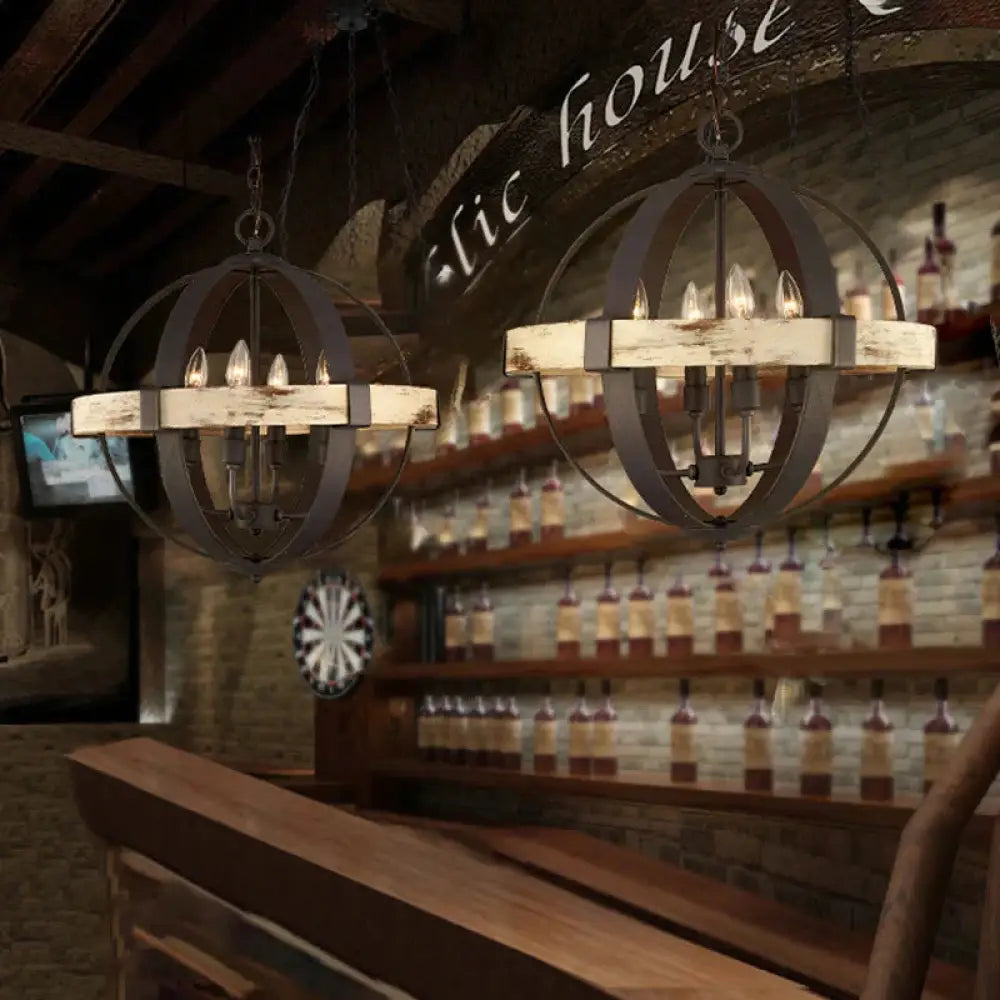 Wooden Global Chandelier Lamp Rural 4 - Head Living Room Pendant Ceiling Light In Brown