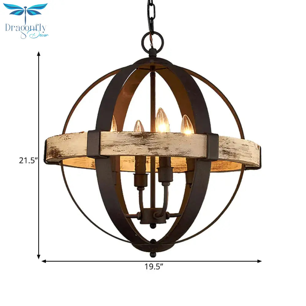 Wooden Global Chandelier Lamp Rural 4 - Head Living Room Pendant Ceiling Light In Brown