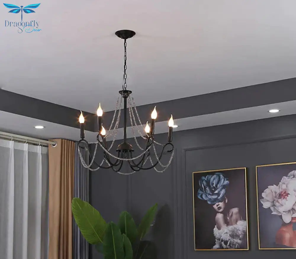 Wrought Iron Crystal Chandelier Candle Living Room Lamp Clothing Store Personality Black Lamps