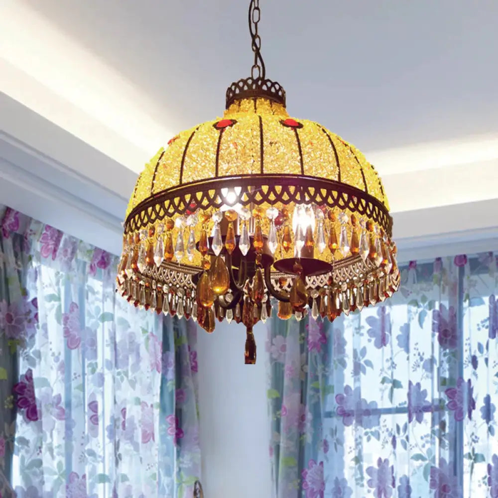 Yellow 3 Lights Hanging Chandelier Southeast Asian Style Crystal Drop Dome Ceiling Light