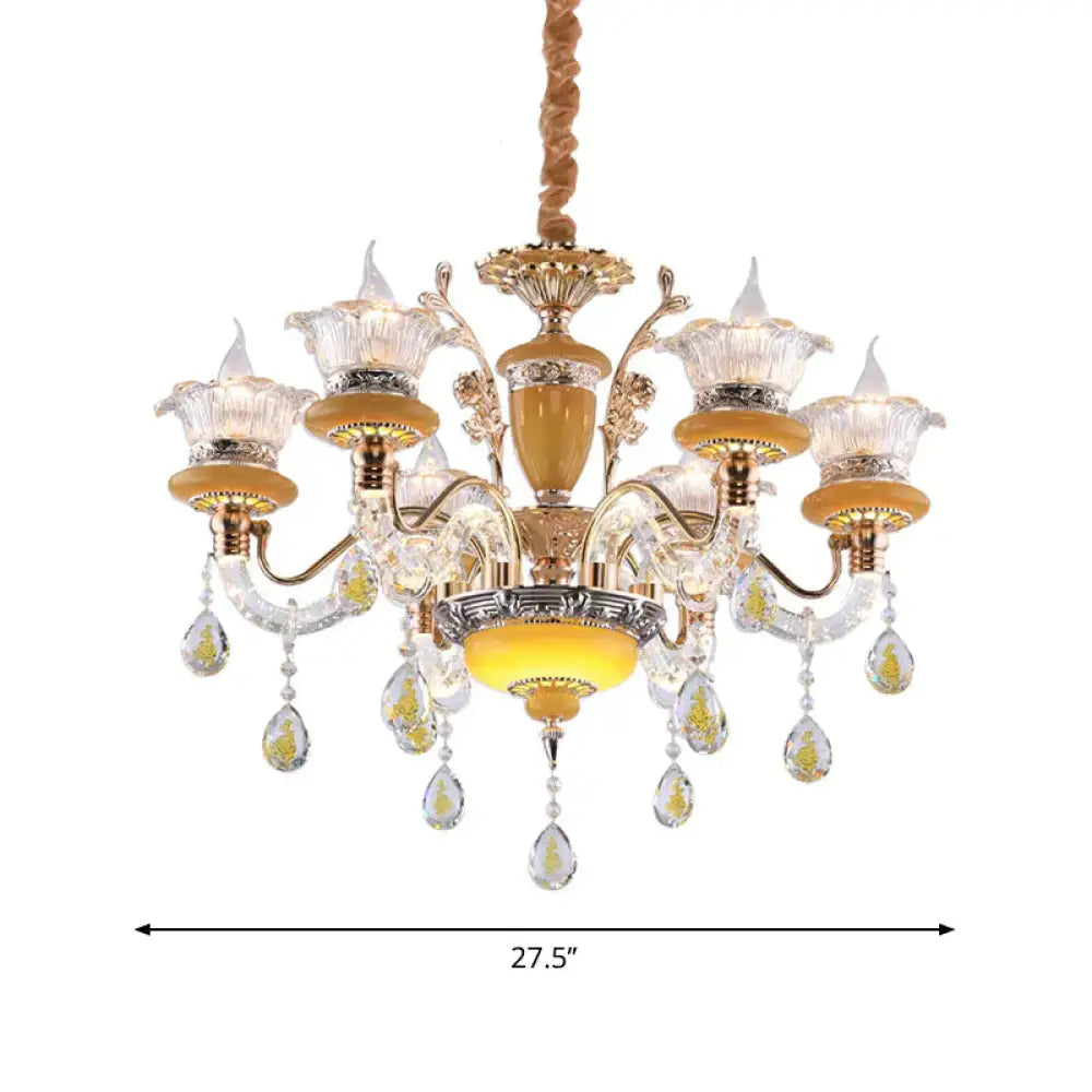 Yellow Candle Chandelier Traditional Crystal Drops 6 Heads Dinning Hall Ceiling Suspension Lamp