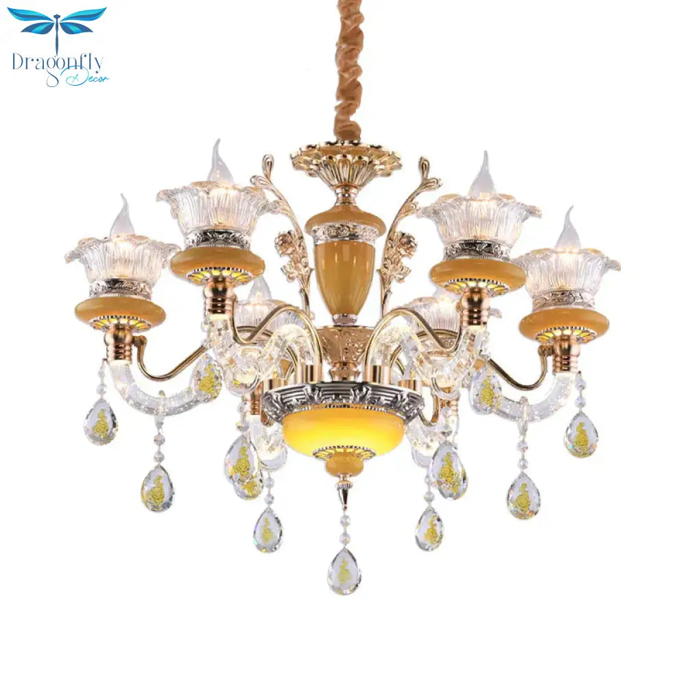 Yellow Candle Chandelier Traditional Crystal Drops 6 Heads Dinning Hall Ceiling Suspension Lamp