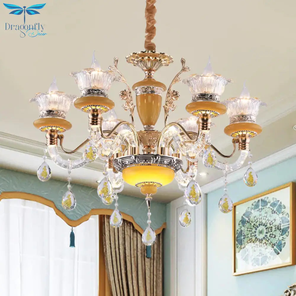 Yellow Candle Chandelier Traditional Crystal Drops 6 Heads Dinning Hall Ceiling Suspension Lamp