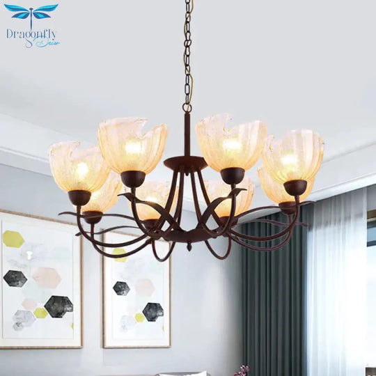 Yellow Water Glass Black Chandelier Light Bowl 8 Lights Countryside Hanging Pendant With Swirl Arm