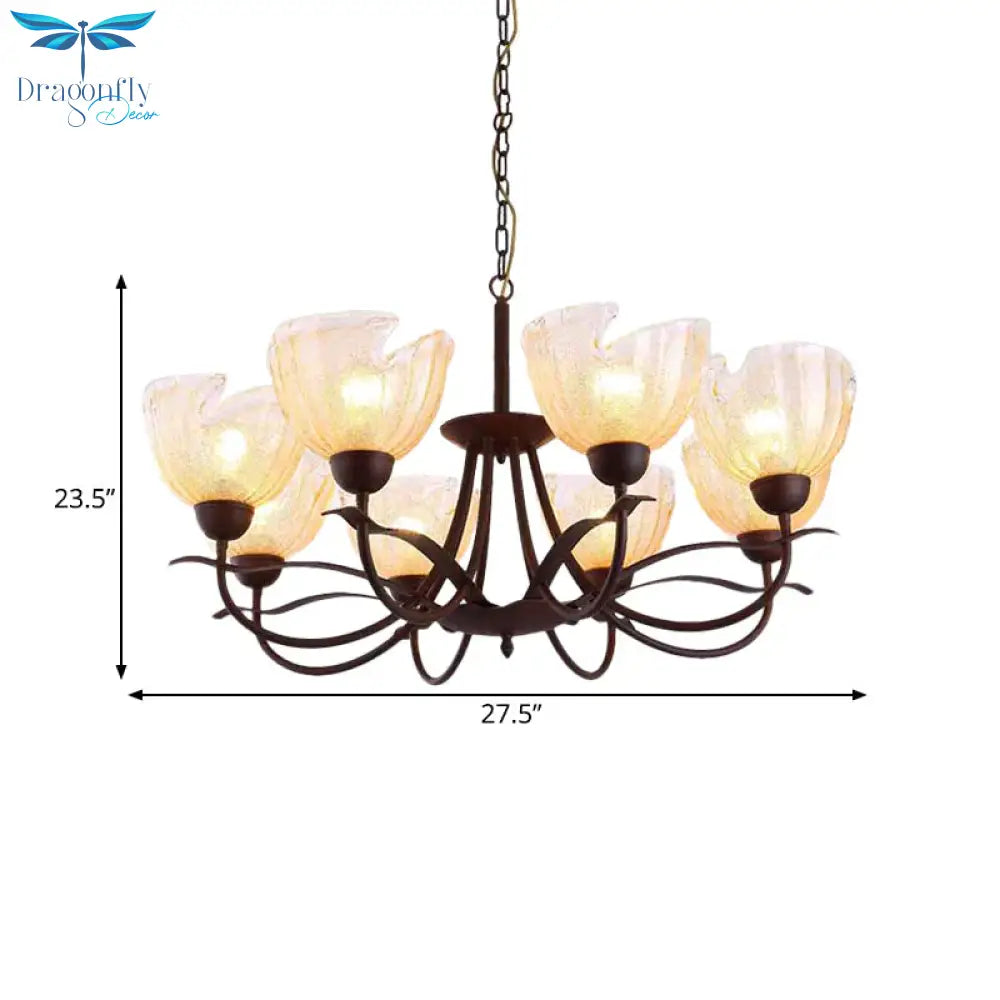 Yellow Water Glass Black Chandelier Light Bowl 8 Lights Countryside Hanging Pendant With Swirl Arm