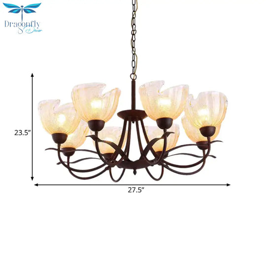 Yellow Water Glass Black Chandelier Light Bowl 8 Lights Countryside Hanging Pendant With Swirl Arm