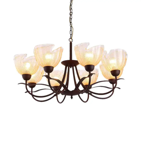 Yellow Water Glass Black Chandelier Light Bowl 8 Lights Countryside Hanging Pendant With Swirl Arm