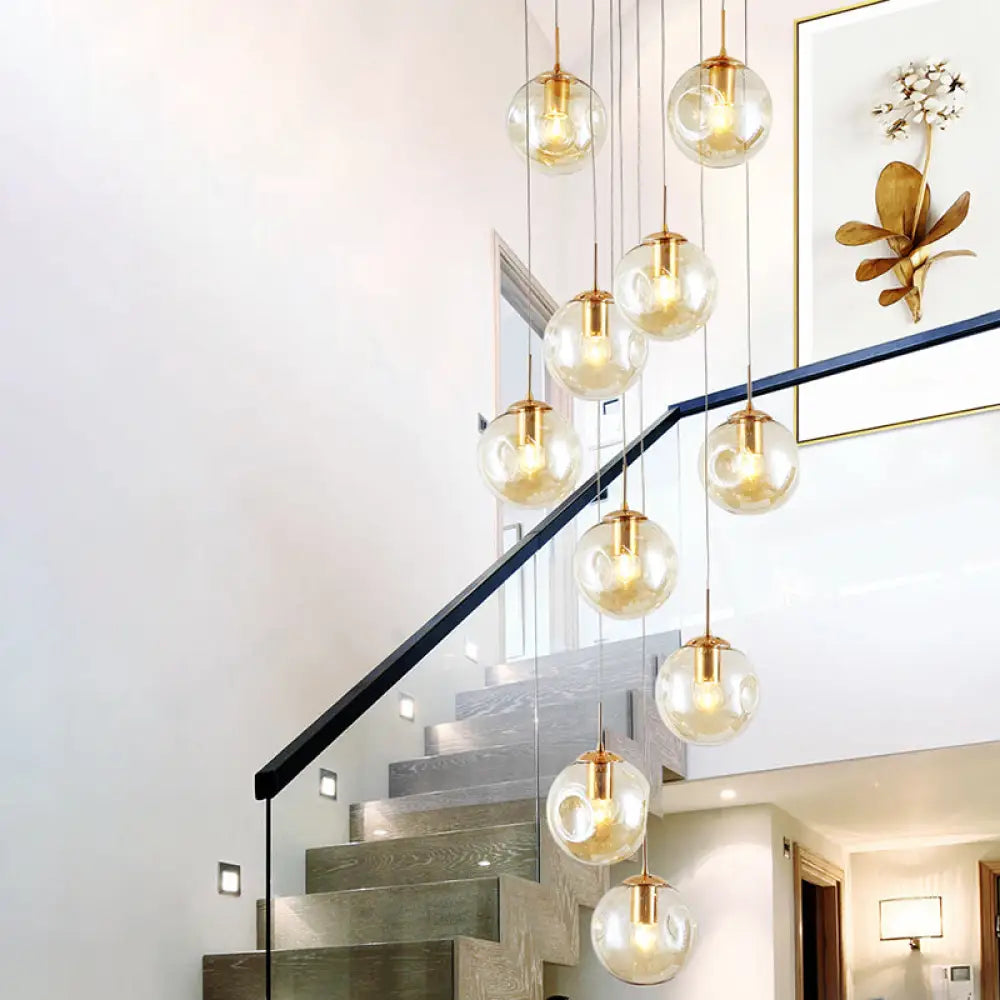 Zephyr - Handblown Glass Ball Multi Light Pendant Modern Cognac Hanging Lighting For Staircase 10 /