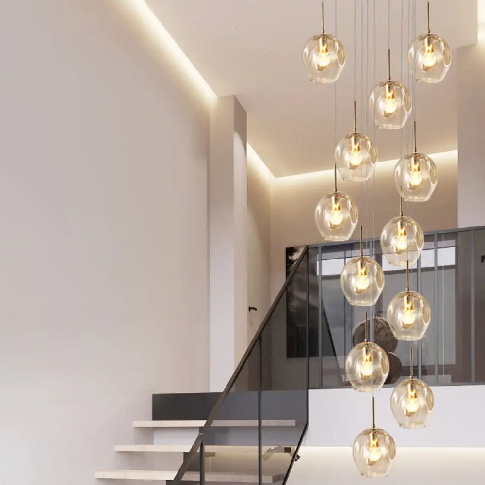 Zephyr - Handblown Glass Ball Multi Light Pendant Modern Cognac Hanging Lighting For Staircase 12 /