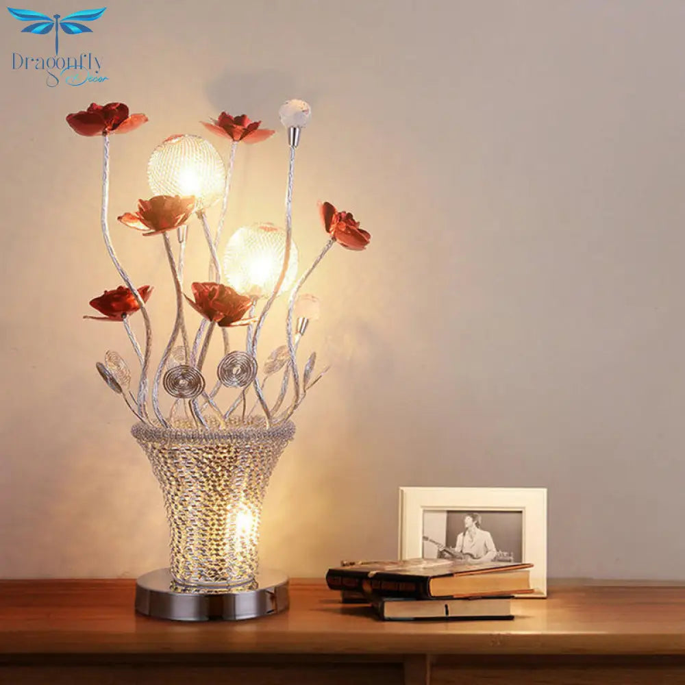 Zoé - Led Potted - Flower Nightstand Light Country Red And Chrome Finish Aluminum Wire Table Lamp